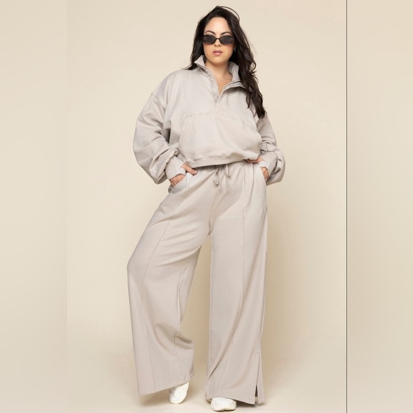 POPFLEX Pants - Popflex Plane Pants Silver Birch Large Petite Wide Leg Cozy Comfy Sweatpants